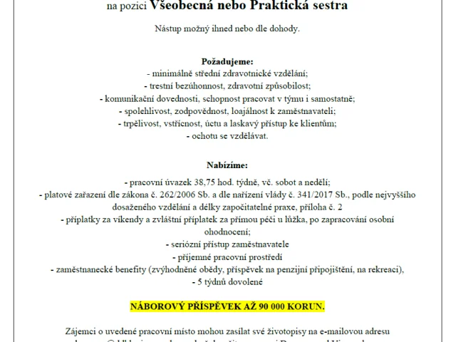 Přijmeme zaměstnance na pozici Všeobecná nebo Praktická sestra