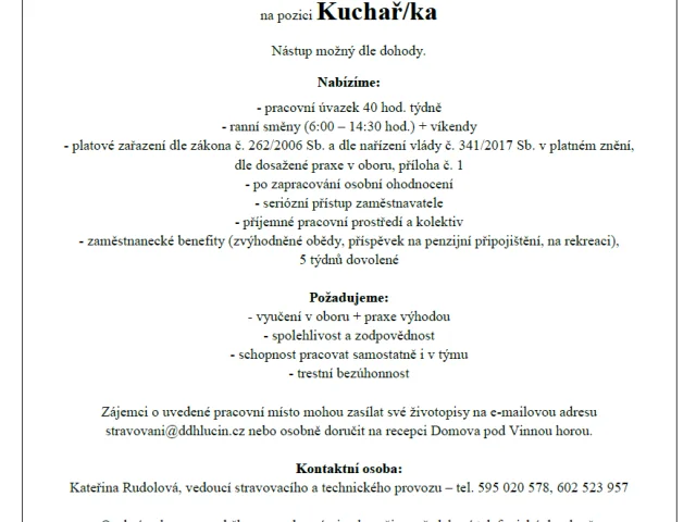 Přijmeme zaměstnance na pozici Kuchař/ka