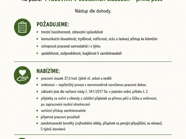 NA HLAVNÍ PRACOVNÍ POMĚR PŘIJMEME ZAMĚSTNANCE NA POZICI PRACOVNÍK V SOCIÁLNÍCH SLUŽBÁCH - PŘÍMÁ PÉČE